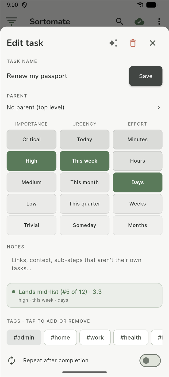 Task editor with importance, urgency and effort ratings and the resulting rank