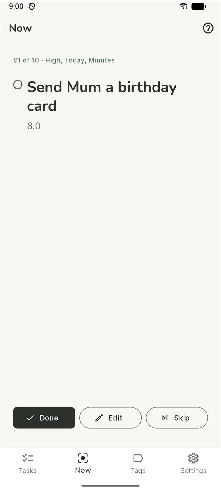 Now view showing the single highest-ranked task