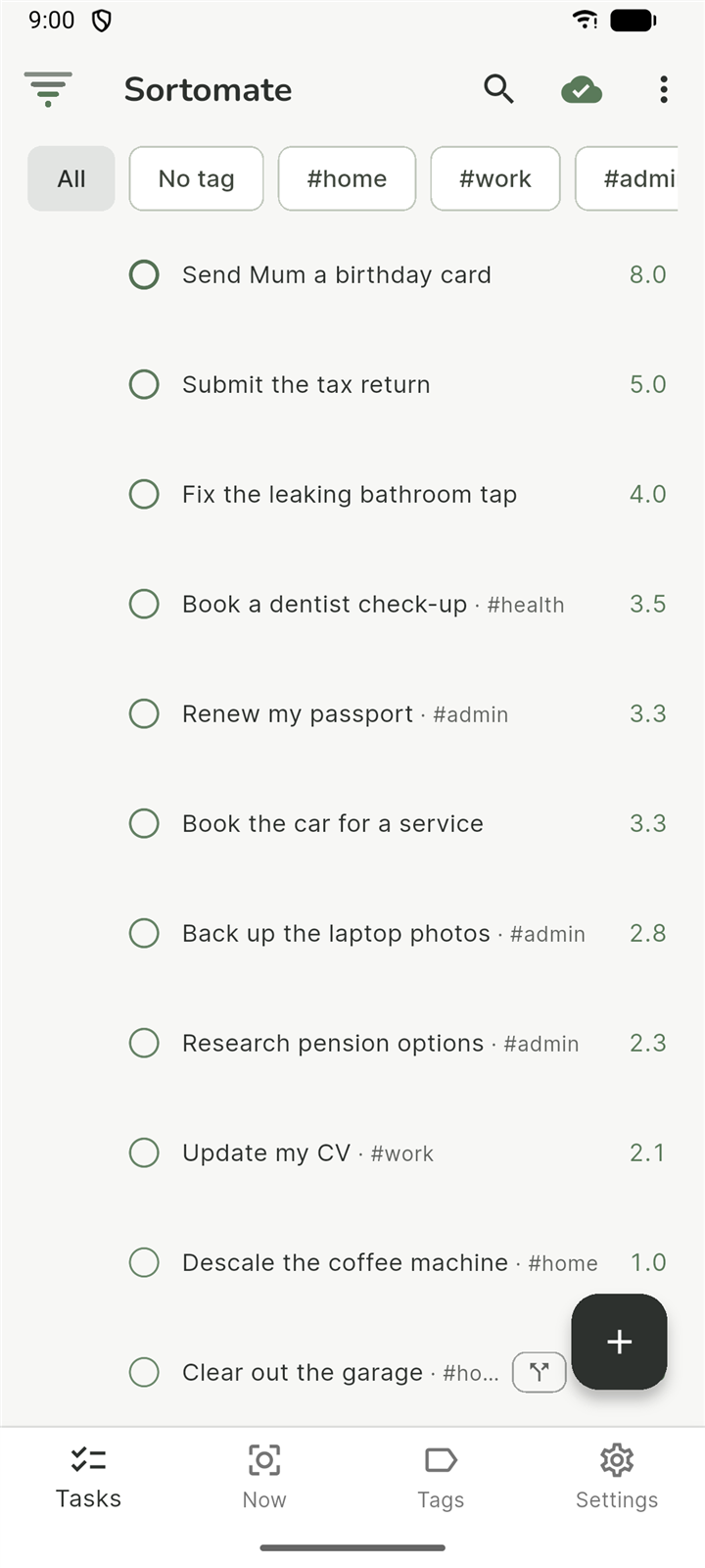 Sortomate task list, every task scored and ranked